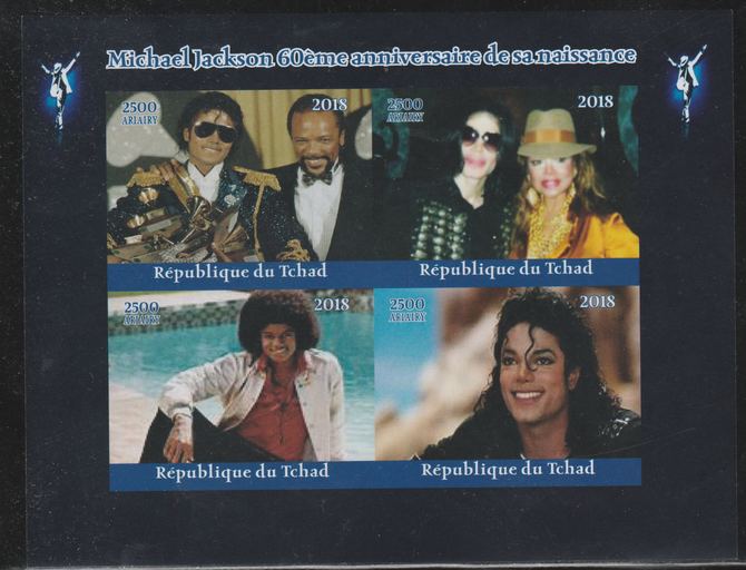 Chad 2018 Michael Jackson 60th Birth Anniv imperf sheetlet containing 4 values unmounted mint. Note this item is privately produced and is offered purely on its thematic ..., stamps on michael jackson, stamps on music, stamps on pops, stamps on rock