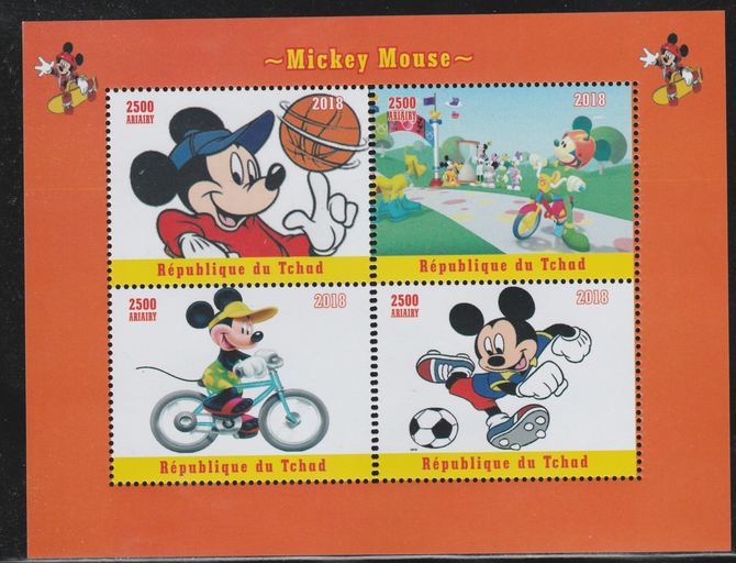 Chad 2018 Mickey Mouse perf sheetlet containing 4 values unmounted mint. Note this item is privately produced and is offered purely on its thematic appeal., stamps on , stamps on  stamps on disney, stamps on  stamps on mickey, stamps on  stamps on bicycles