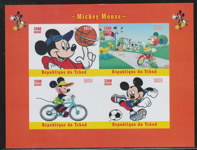 Chad 2018 Mickey Mouse imperf sheetlet containing 4 values unmounted mint. Note this item is privately produced and is offered purely on its thematic appeal., stamps on disney, stamps on mickey, stamps on bicycles