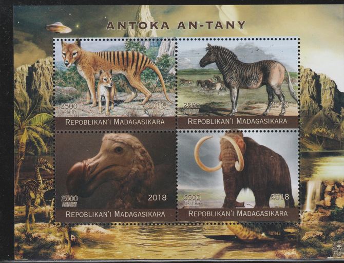 Madagascar 2018 Extinct Animals perf sheetlet containing 4 values unmounted mint. Note this item is privately produced and is offered purely on its thematic appeal., stamps on animals, stamps on zebra, stamps on dodo, stamps on mammoth