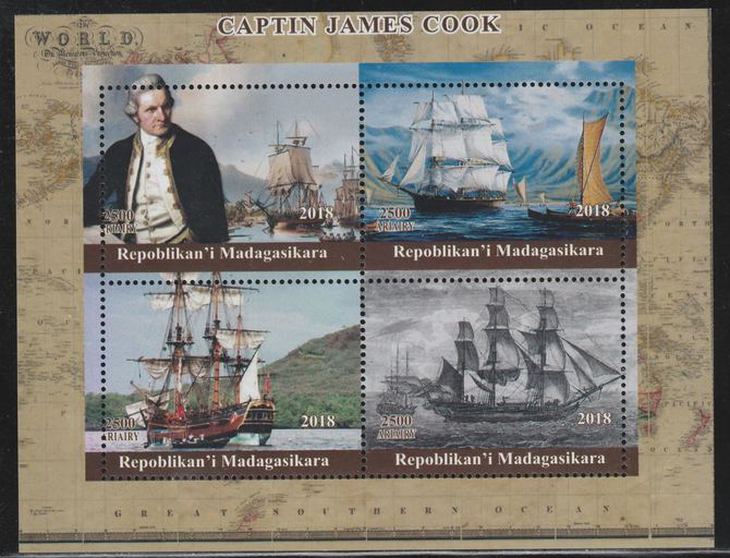 Madagascar 2018 Captain Cook perf sheetlet containing 4 values unmounted mint. Note this item is privately produced and is offered purely on its thematic appeal., stamps on cook, stamps on explorers, stamps on ships