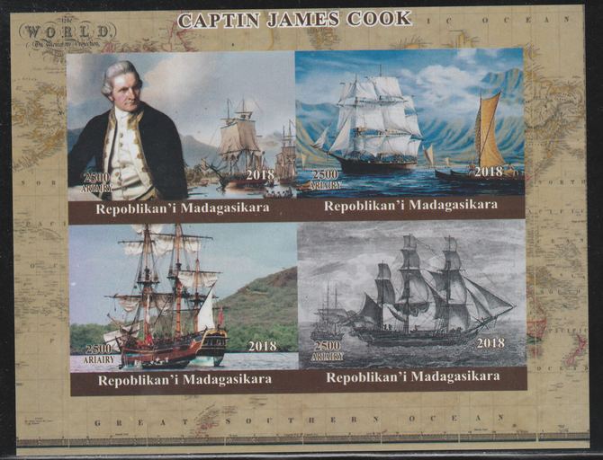 Madagascar 2018 Captain Cook imperf sheetlet containing 4 values unmounted mint. Note this item is privately produced and is offered purely on its thematic appeal., stamps on , stamps on  stamps on cook, stamps on  stamps on explorers, stamps on  stamps on ships