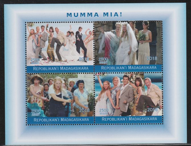 Madagascar 2018 Mamma Mia (Abba) perf sheetlet containing 4 values unmounted mint. Note this item is privately produced and is offered purely on its thematic appeal., stamps on music, stamps on abba, stamps on pops, stamps on rock