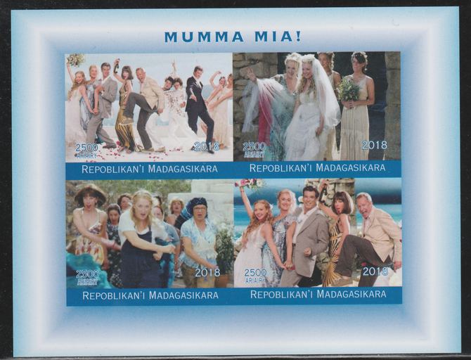 Madagascar 2018 Mamma Mia (Abba) imperf sheetlet containing 4 values unmounted mint. Note this item is privately produced and is offered purely on its thematic appeal., stamps on , stamps on  stamps on music, stamps on  stamps on abba, stamps on  stamps on pops, stamps on  stamps on rock