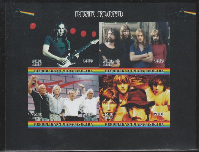 Madagascar 2018 Pink Floyd imperf sheetlet containing 4 values unmounted mint. Note this item is privately produced and is offered purely on its thematic appeal., stamps on music, stamps on pops, stamps on rock, stamps on pink floyd