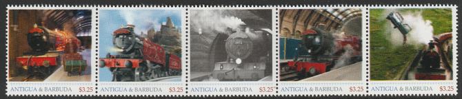 Antigua & Barbuda unissued Steam Locomotives perforated strip of 5 essays produced on official blank stamp paper unmounted mint, apparently no more than 15 strips exist. Slight offset on gummed side, stamps on , stamps on  stamps on railways