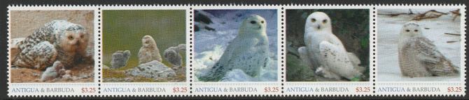 Antigua & Barbuda unissued Owls perforated strip of 5 essays produced on official blank stamp paper unmounted mint, apparently no more than 15 strips exist. Slight offset...