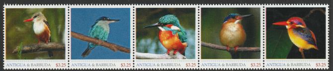 Antigua & Barbuda unissued Kingfishers perforated strip of 5 essays produced on official blank stamp paper unmounted mint, apparently no more than 15 strips exist. Slight offset on gummed side, stamps on , stamps on  stamps on birds, stamps on  stamps on kingfishers