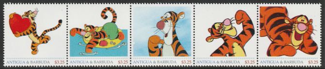 Antigua & Barbuda unissued Walt Disney's Tigger perforated strip of 5 essays produced on official blank stamp paper unmounted mint, apparently no more than 15 strips exist. Slight offset on gummed side, stamps on , stamps on  stamps on movis, stamps on  stamps on films, stamps on  stamps on cinema, stamps on  stamps on disney, stamps on  stamps on tigger