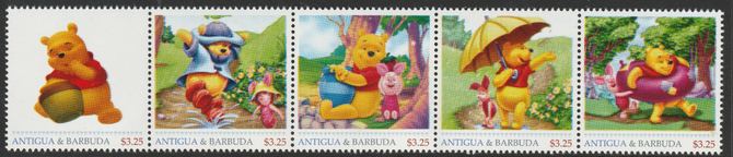 Antigua & Barbuda unissued Walt Disneys Winnie the Pooh perforated strip of 5 essays produced on official blank stamp paper unmounted mint, apparently no more than 15 str..., stamps on movis, stamps on films, stamps on cinema, stamps on disney, stamps on pooh, stamps on bear