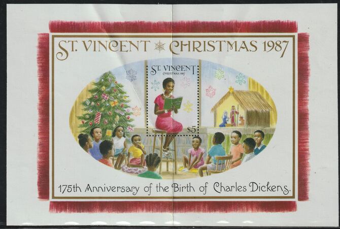 St Vincent 1987 Christmas (Charles Dickens) m/sheet (Teacher reading to Class) $5 stamp perf on 3 sides only (imperf at top) unmounted mint but creased.  (ex Format archives), stamps on , stamps on  stamps on literature, stamps on personalities, stamps on christmas, stamps on education, stamps on  stamps on dickens