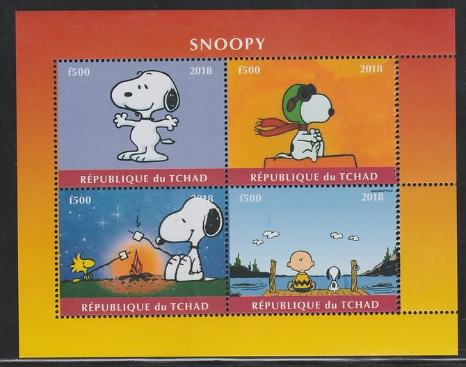 Chad 2018 Snoopy perf sheetlet containing 4 values unmounted mint. Note this item is privately produced and is offered purely on its thematic appeal., stamps on , stamps on  stamps on fulms, stamps on  stamps on  tv , stamps on  stamps on  cinema, stamps on  stamps on movis, stamps on  stamps on cartoons, stamps on  stamps on dogs