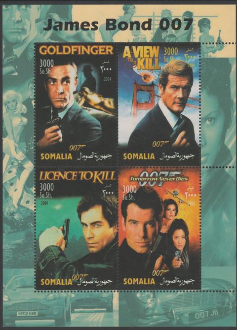 Somalia 2004 James Bond perf sheetlet containing 4 values unmounted mint. This sheet is in a large format with a predominately green margin (see also item 176691). Note this item is privately produced and is offered purely on its thematic appeal, stamps on , stamps on  stamps on films, stamps on  stamps on movies, stamps on  stamps on  spy , stamps on  stamps on cinema