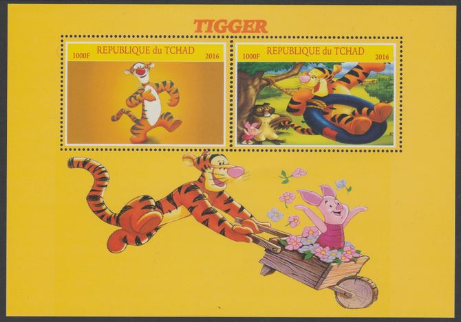 Chad 2016 Disney's Tigger perf sheetlet containing 2 values unmounted mint.  Note this item is privately produced and is offered purely on its thematic appeal, stamps on films, stamps on movies, stamps on  spy , stamps on cinema, stamps on disney