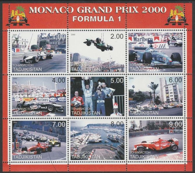 Tadjikistan 2000 Formula 1 - Monaco Grand Prix perf sheetletcontaining 9 values unmounted mint. Note this item is privately produced and is offered purely on its thematic appeal, it has no postal validity, stamps on , stamps on  stamps on cars, stamps on  stamps on  f1 , stamps on  stamps on 