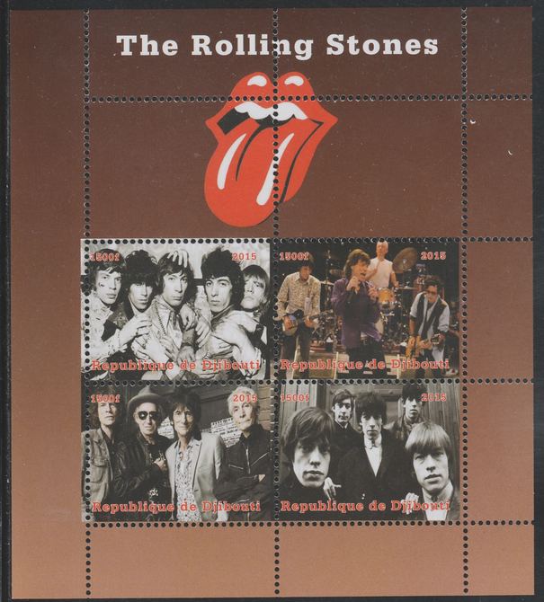 Djibouti 2015 The Rolling Stones perf sheetlet containing 4 values unmounted mint. Note this item is privately produced and is offered purely on its thematic appeal, it has no postal validity, stamps on , stamps on  stamps on music, stamps on  stamps on rock, stamps on  stamps on rolling stones, stamps on  stamps on pops