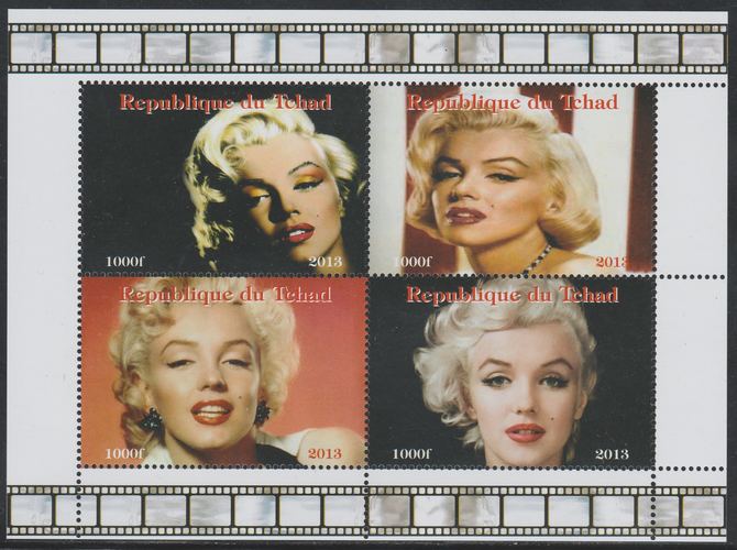 Chad 2013 Marilyn Monroe perf sheetlet containing 4 values unmounted mint. Note this item is privately produced and is offered purely on its thematic appeal, it has no postal validity, stamps on , stamps on  stamps on films, stamps on  stamps on movies, stamps on  stamps on cinema, stamps on  stamps on marilyn