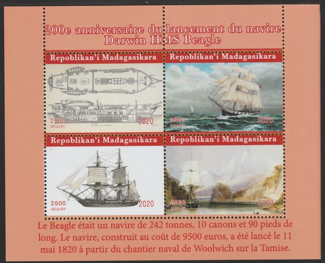 Madagascar 2020 Darwin & HMS Beagle perf sheetlet containing 4 values unmounted mint, stamps on ships, stamps on explorers, stamps on darwin, stamps on beagle, stamps on 