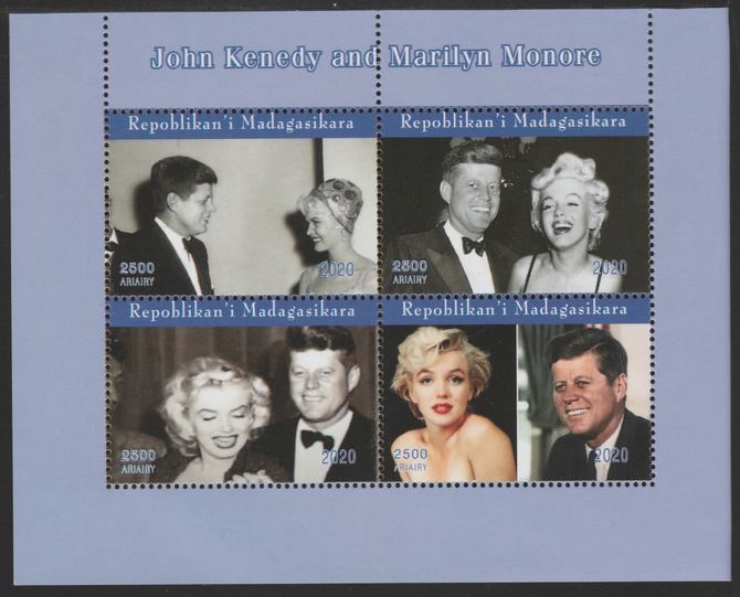 Madagascar 2020 John Kennedy & Marilyn Monroe perf sheetlet containing 4 values unmounted mint, stamps on , stamps on  stamps on kennedy, stamps on  stamps on us presidents, stamps on  stamps on marilyn, stamps on  stamps on 