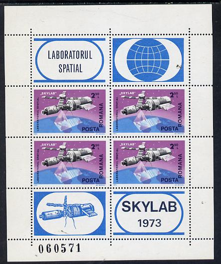 Rumania 1974 Skylab Space Laboratory m/sheet containing block of 4 & 4 labels unmounted mint, as SG 4119, Mi BL 117, stamps on , stamps on  stamps on communications, stamps on  stamps on space