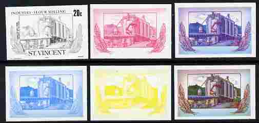 St Vincent 1985 Flour Milling 20c the set of 6 imperf progressive proofs comprising the 4 individual colours plus 2 and 3-colour composites as SG 928 unmounted mint, stamps on food, stamps on industry