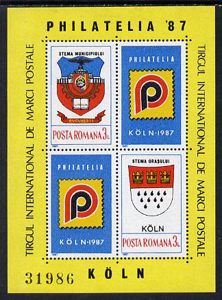 Rumania 1987 'Philatelia 87' Stamp Exhibition m/sheet, Mi BL 237, stamps on heraldry, stamps on arms, stamps on stamp exhibitions