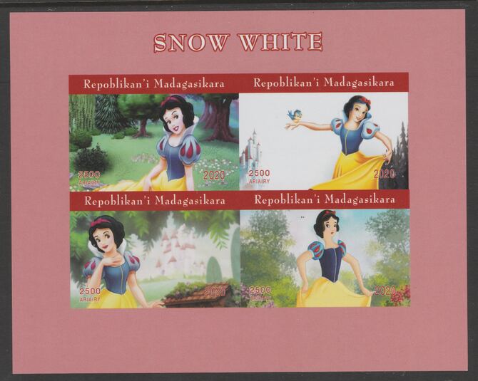 Madagascar 2020 Snow White imperf sheetlet containing 4 values unmounted mint, stamps on snow white, stamps on cartoons, stamps on disney