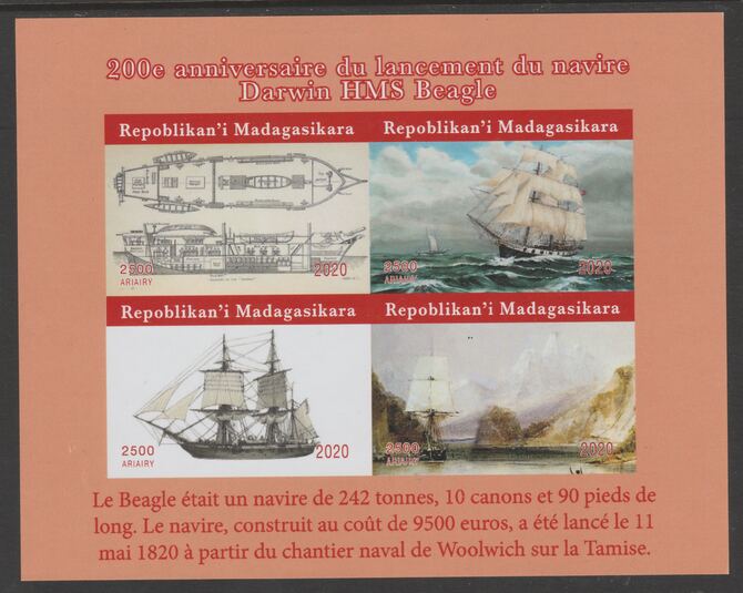 Madagascar 2020 Darwin & HMS Beagle imperf sheetlet containing 4 values unmounted mint, stamps on , stamps on  stamps on ships, stamps on  stamps on explorers, stamps on  stamps on darwin, stamps on  stamps on beagle, stamps on  stamps on 