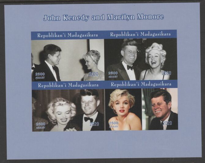 Madagascar 2020 John Kennedy & Marilyn Monroe imperf sheetlet containing 4 values unmounted mint, stamps on , stamps on  stamps on kennedy, stamps on  stamps on us presidents, stamps on  stamps on marilyn, stamps on  stamps on 