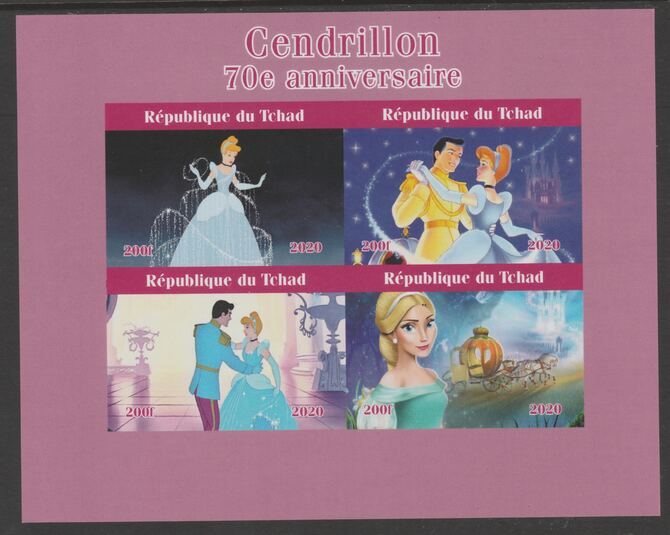 Chad 2020 70th Anniversary of Cinderella imperf sheetlet containing 4 values unmounted mint, stamps on , stamps on  stamps on fairy tales, stamps on  stamps on children, stamps on  stamps on cinderella