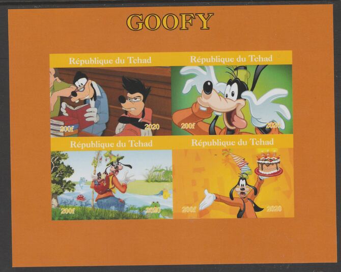 Chad 2020 Goofy imperf sheetlet containing 4 values unmounted mint, stamps on fairy tales, stamps on children, stamps on goofy, stamps on disney