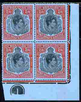 Bermuda 1938-53 KG6 2s6d Perf 13 corner plate block of 4 with head plate varieties 47 (Broken Leaf) & 60 (Split shading) and unlisted vert scratch down right scroll on 59, two stamps unmounted mint SG 117c, stamps on , stamps on  stamps on , stamps on  stamps on  kg6 , stamps on  stamps on 