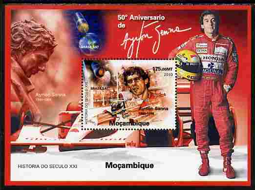 Mozambique 2010 Ayrton Senna perf s/sheet unmounted mint. Note this item is privately produced and is offered purely on its thematic appeal , stamps on personalities, stamps on sport, stamps on racing cars, stamps on cars, stamps on  f1 , stamps on formula 1, stamps on tobacco, stamps on satellites