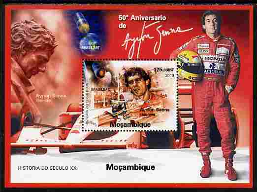 Mozambique 2010 Ayrton Senna perf s/sheet unmounted mint. Note this item is privately produced and is offered purely on its thematic appeal , stamps on , stamps on  stamps on personalities, stamps on  stamps on sport, stamps on  stamps on racing cars, stamps on  stamps on cars, stamps on  stamps on  f1 , stamps on  stamps on formula 1, stamps on  stamps on tobacco, stamps on  stamps on satellites