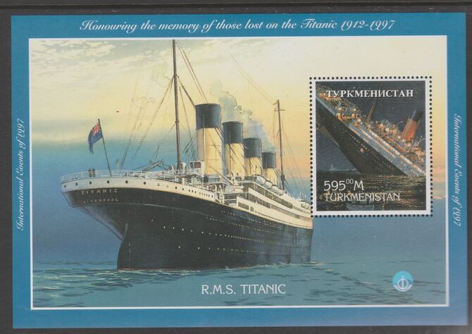 Turkmenistan 1997 Titanic perf souvenir sheet containing 1 value unmounted mint. Note this item is privately produced and is offered purely on its thematic appeal, stamps on , stamps on  stamps on ships, stamps on  stamps on titanic, stamps on  stamps on movies, stamps on  stamps on disasters