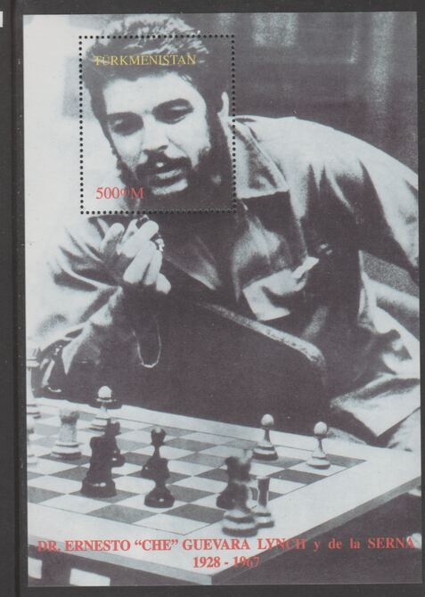 Turkmenistan Dr Ernesto 'Che' Guevara playing Chess perf souvenir sheet containing 1 value unmounted mint. Note this item is privately produced and is offered purely on its thematic appeal, stamps on chess