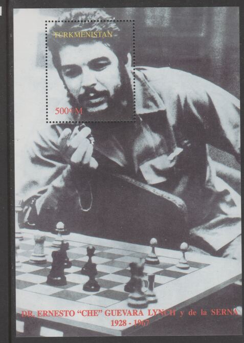 Turkmenistan Dr Ernesto Che Guevara playing Chess perf souvenir sheet containing 1 value unmounted mint. Note this item is privately produced and is offered purely on its..., stamps on chess