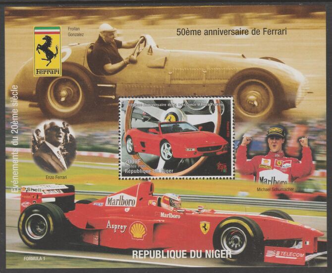 Niger Republic 1998 Ferrari perf s/sheet with Italia 98  imprint unmounted mint. Note this item is privately produced and is offered purely on its thematic appeal, stamps on , stamps on  stamps on cars, stamps on  stamps on ferrari, stamps on  stamps on  f1 , stamps on  stamps on formula 1, stamps on  stamps on stamp exhibitions