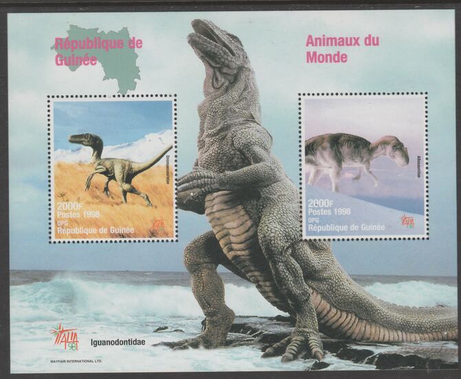 Guinea - Conakry 1998 Dinosaurs perf s/sheet containing 2 values each with Italia 98  imprint unmounted mint. Note this item is privately produced and is offered purely on its thematic appeal, stamps on dinosaurs, stamps on stamp exhibitions