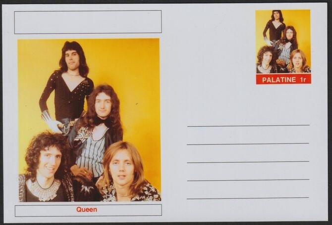 Palatine (Fantasy) Personalities - Queen (pop group) postal stationery card unused and fine, stamps on , stamps on  stamps on personalities, stamps on  stamps on music, stamps on  stamps on rock, stamps on  stamps on pops, stamps on  stamps on queen