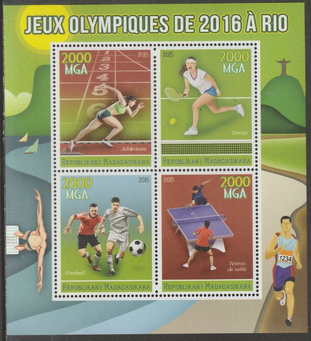Madagascar 2015 Rio Olympic Games perf sheet containing 4 values unmounted mint, stamps on , stamps on  stamps on olympics, stamps on  stamps on running, stamps on  stamps on tennis, stamps on  stamps on football, stamps on  stamps on table tennis