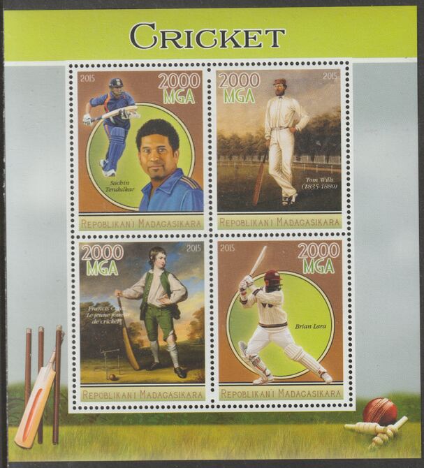 Madagascar 2015 Cricket perf sheet containing 4 values unmounted mint, stamps on , stamps on  stamps on cricket