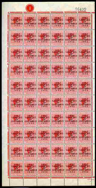 Bahamas 1942 KG6 Landfall of Columbus 2d scarlet complete left pane of 60 including plate varieties R1/1 & R 10/1 (Damaged corners) plus overprint varieties R10/2 (Flaw o..., stamps on , stamps on  kg6 , stamps on varieties, stamps on columbus, stamps on explorers