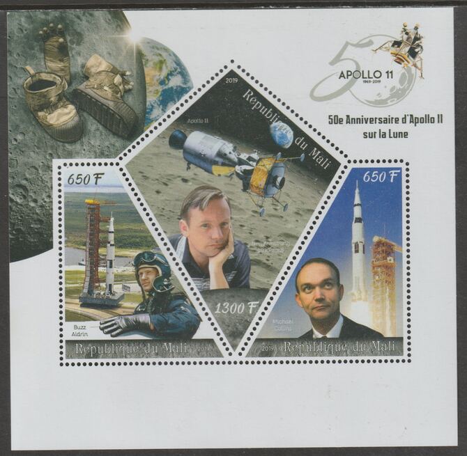 Mali 2019 Moon Landing - 50th Anniversary perf sheet containing three shaped values unmounted mint, stamps on , stamps on  stamps on space, stamps on  stamps on shaped, stamps on  stamps on apollo