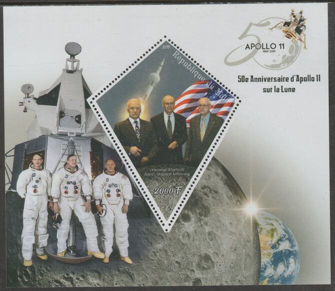 Mali 2019 Moon Landing - 50th Anniversary perf deluxe sheet containing one diamond shaped value unmounted mint, stamps on space, stamps on shaped, stamps on apollo