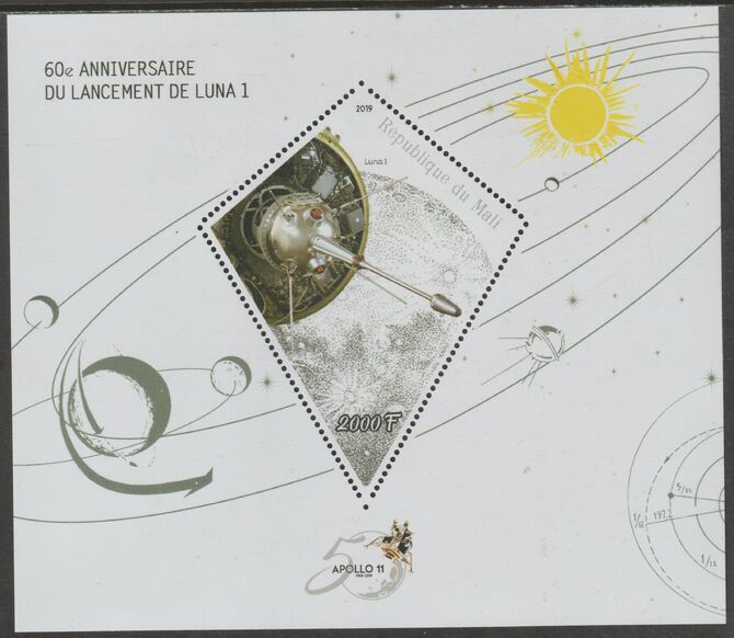 Mali 2019 Luna 1 - 60th Anniversary perf deluxe sheet containing one diamond shaped value unmounted mint, stamps on , stamps on  stamps on space, stamps on  stamps on shaped, stamps on  stamps on moon