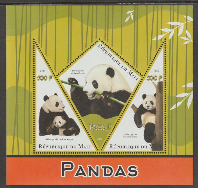 Mali 2015 Pandas perf sheet containing three shaped values unmounted mint, stamps on , stamps on  stamps on shaped, stamps on  stamps on animals, stamps on  stamps on pandas