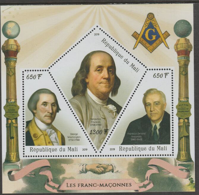 Mali 2019 Freemasons perf sheet containing three shaped values unmounted mint, stamps on shaped, stamps on masons, stamps on masonics, stamps on us presidents