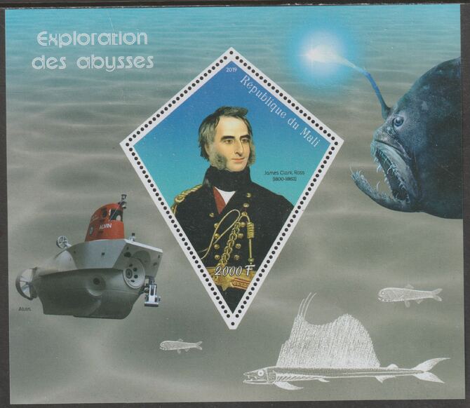 Mali 2019 Exploration of the Deep perf deluxe sheet containing one diamond shaped value unmounted mint, stamps on shaped, stamps on marine life, stamps on submarines, stamps on ships