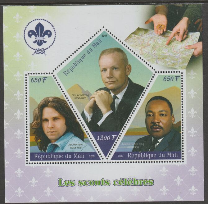 Mali 2019 Celebrity Scouts perf sheet containing three shaped values unmounted mint, stamps on , stamps on  stamps on shaped, stamps on  stamps on personalities, stamps on  stamps on armstrong, stamps on  stamps on luter king, stamps on  stamps on scouts